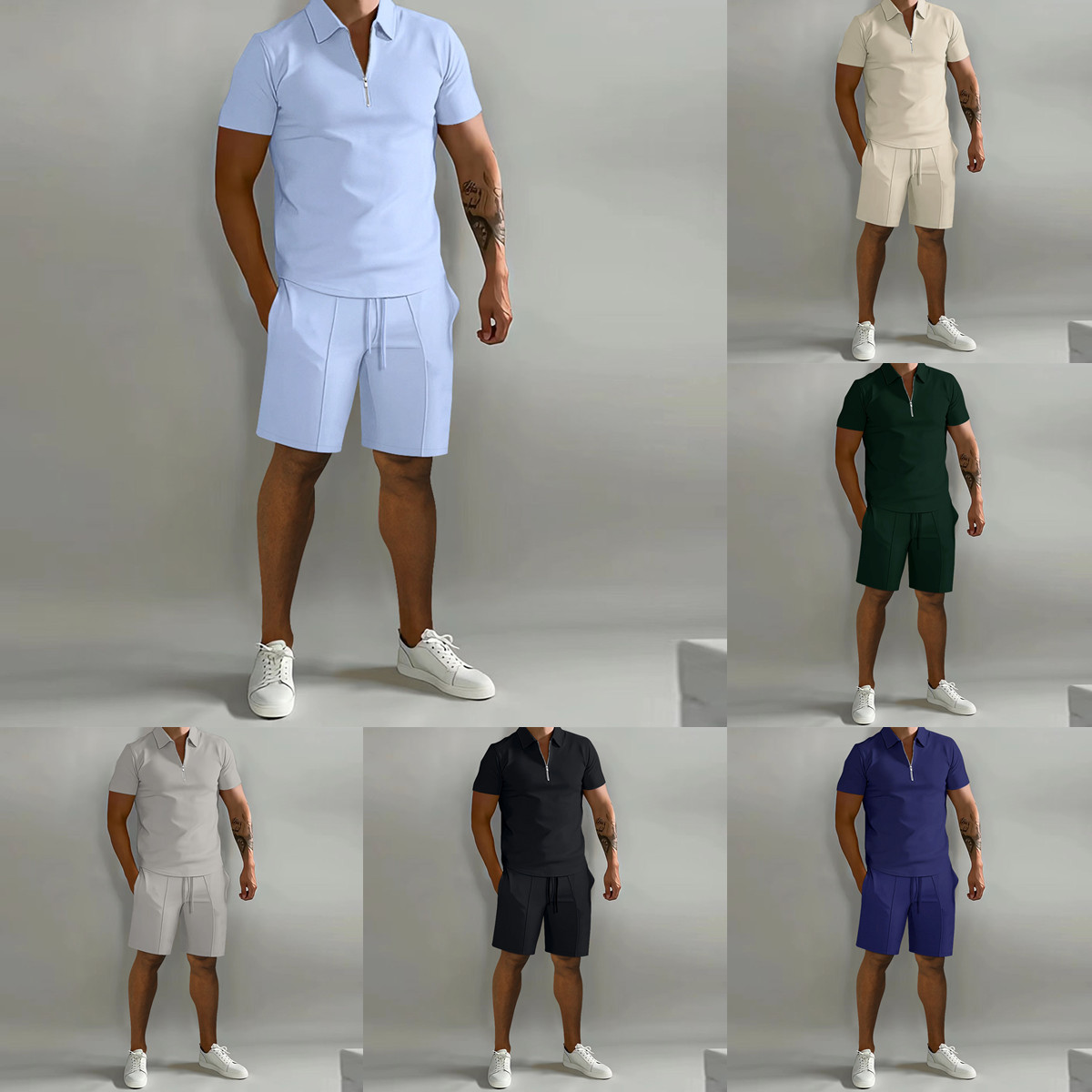 Costume Polo à Manches Courtes pour Homme, Couleur Unie, Pantalon à Bande Verticale, Décontracté, Ample, à la Mode