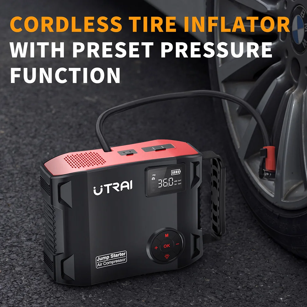 UTRAI 2000A arrancador de batería de coche banco de energía 150PSI inflador de neumáticos bombas dispositivo de arranque para impulsionadores de emergencia de batería de vehículo de 12V