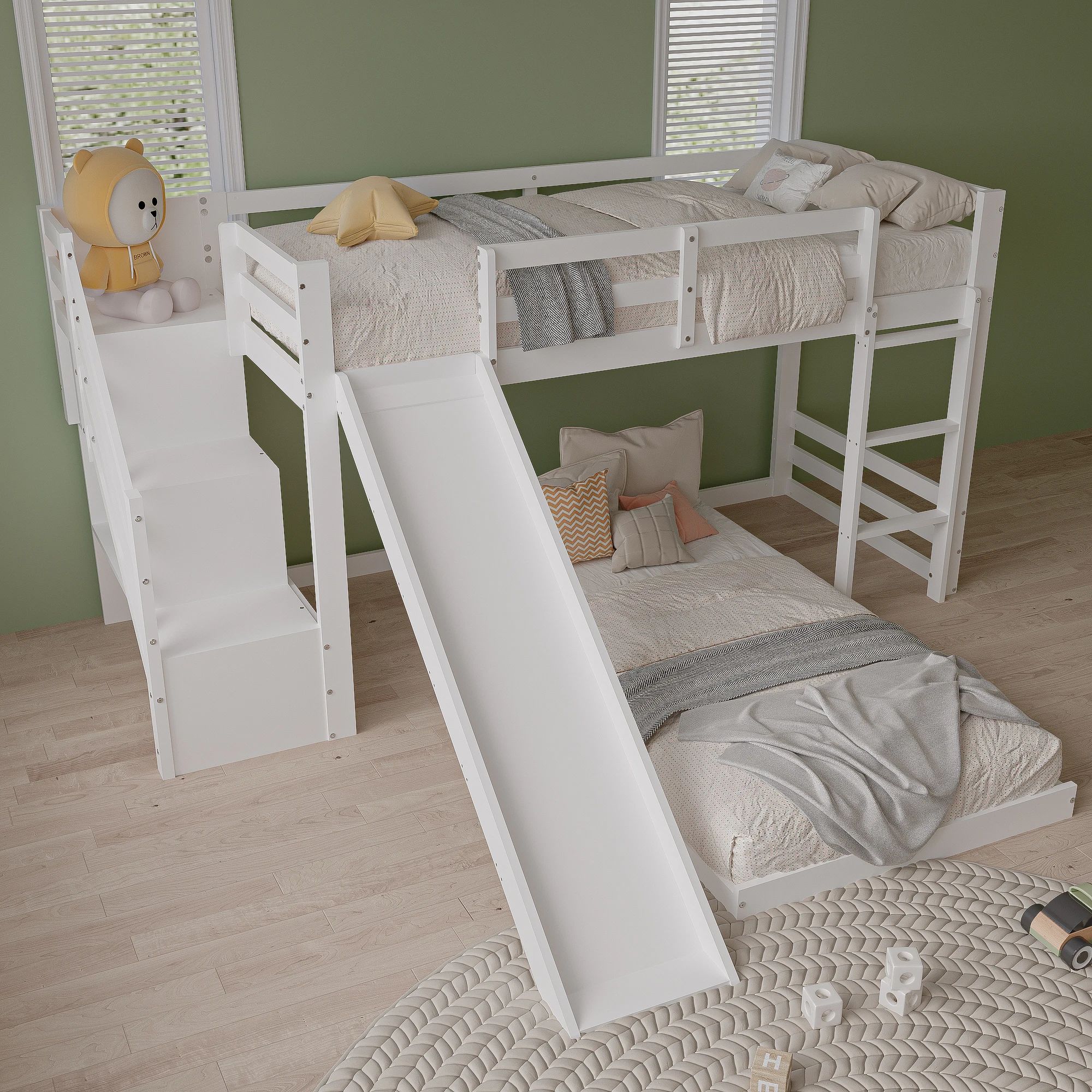 Letto per bambini, letto a castello 90x200 cm con cassetti portaoggetti, letto a castello con protezione anticaduta e scala inclinata, letto in legno massello Fram
