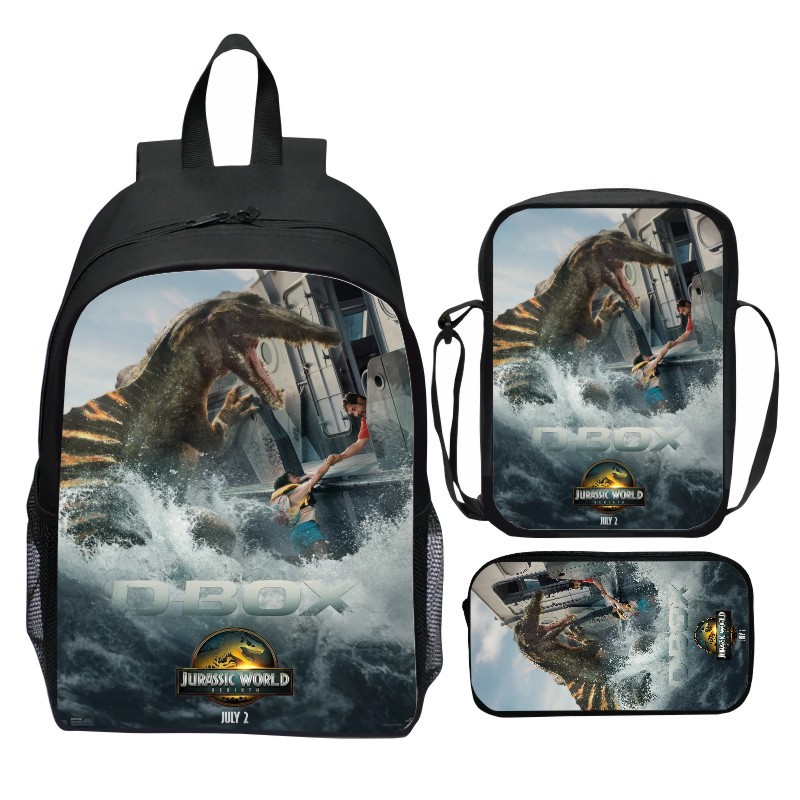 새로운 쥬라기 세계 3 조각 세트 배낭 만화 쥬라기 세계 다시 태어난 학생 배낭 어깨 가방 펜 가방