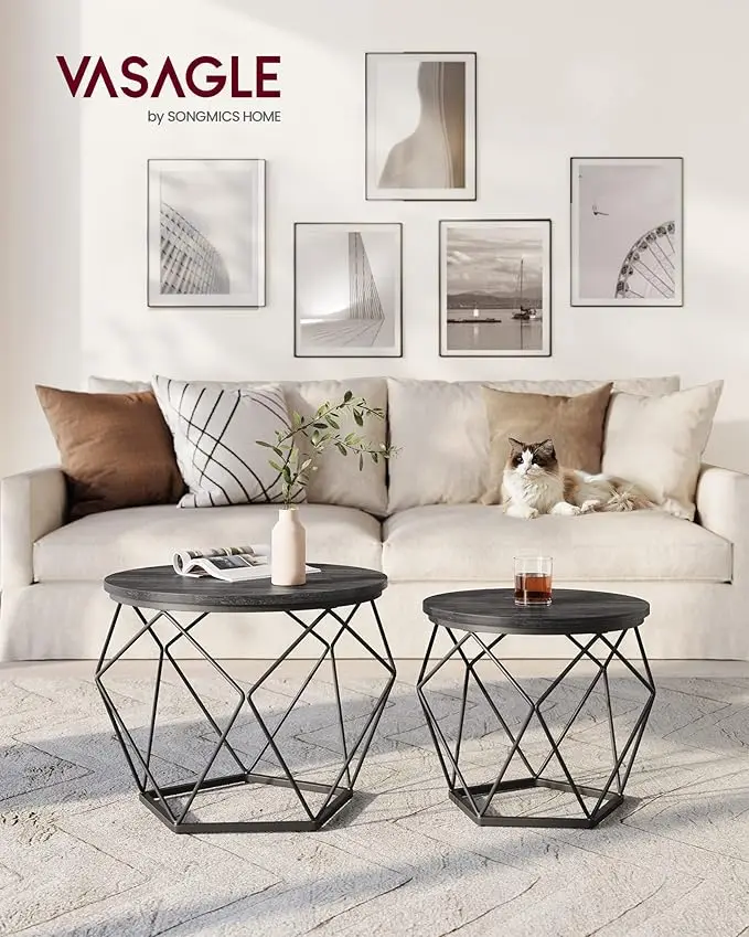 VASAGLE Couchtisch rund, 2er Set, Wohnzimmertisch, Beistelltisch, modern