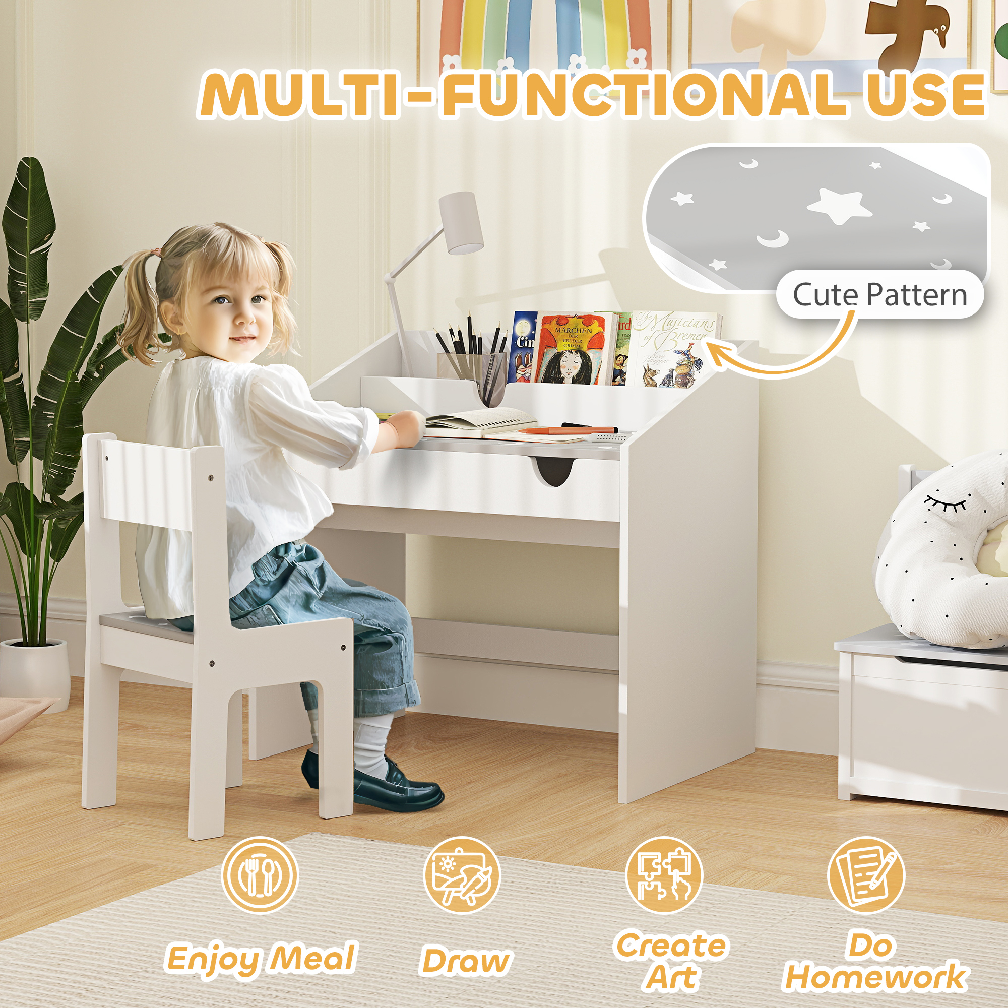 AIYAPLAY Children Study Table and Chair with Storage, Pull-out Drawer for 3-6 Years Old, Star & Moon Pattern