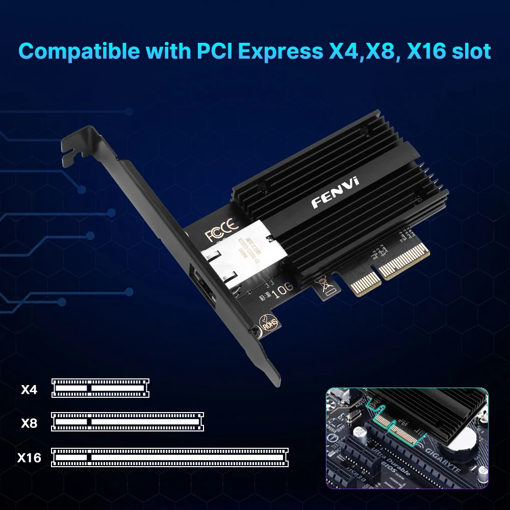 Сетевая карта fenvi 10 Гбит/с Pcie к RJ45 Марвелл AQC113C 1G/2,5G/5G/10 Гбит/с Интерфейс RJ45 Gigabit Ethernet PCI Express LAN-адаптер