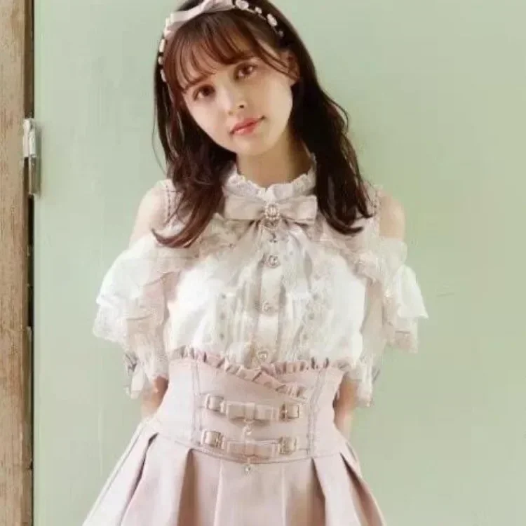 Blusas De Mujer 日本のかわいいブラウス中空アウトオフショルダーレースパッチワークシャツ Y2k 美的弓女性 JK