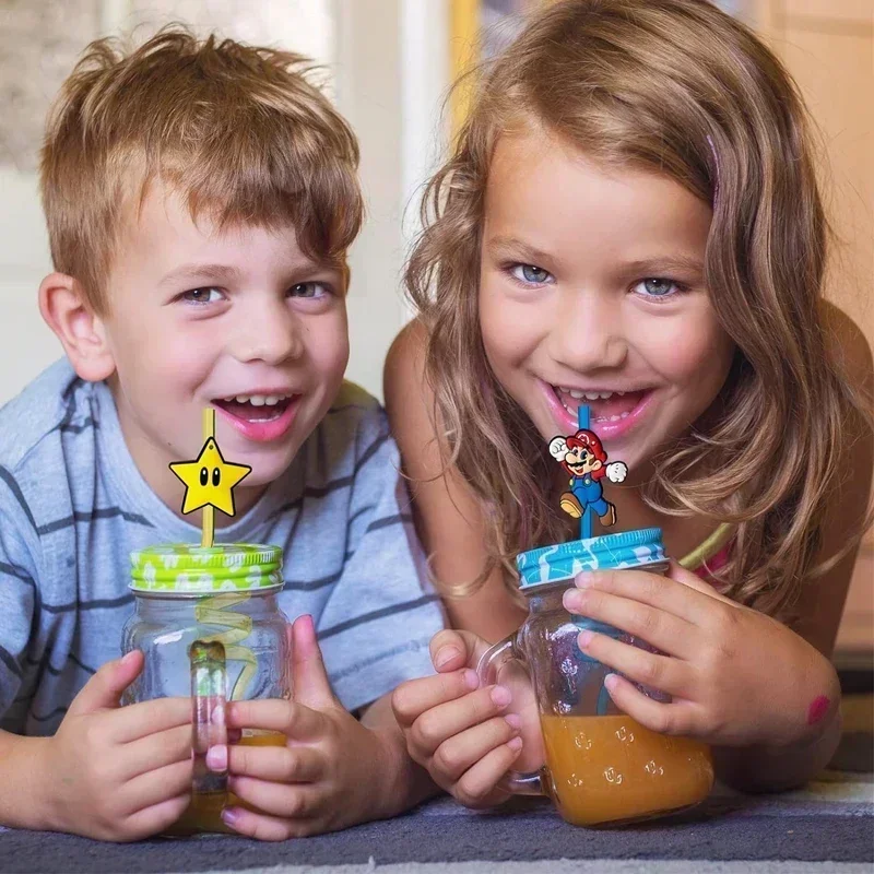 8 個スーパーマリオストロー子供再利用可能なストロー誕生日パーティーの装飾ベビーシャワーアニメマリオブラザーズパーティー用品おもちゃ