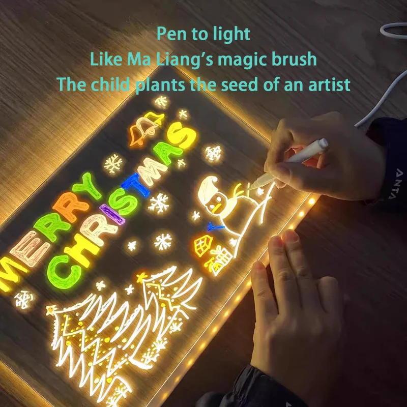 Tablero de mensajes acrílico iluminado, tablero de dibujo brillante regrabable DIY para niños, lámpara de mensaje con 7 bolígrafos coloridos, nuevo de 2025