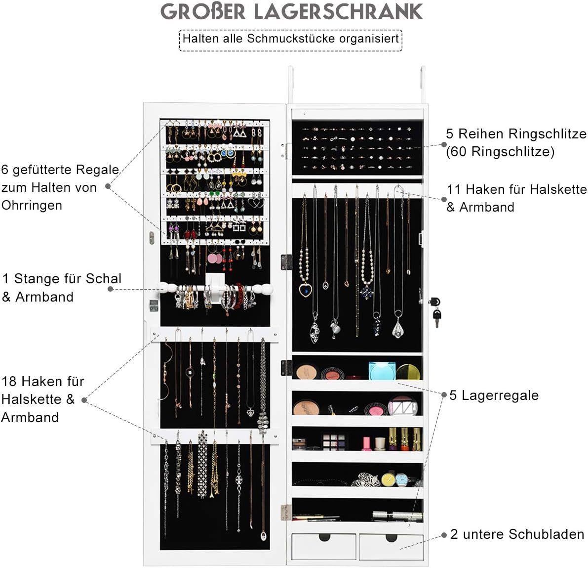 Mueble para joyería con 15 luces LED, mueble con espejo con puerta y montaje en pared, joyero con espejo de longitud completa