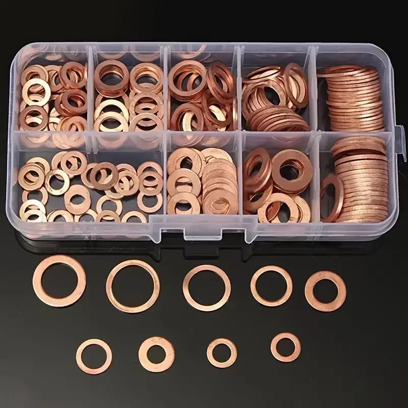 100 piezas de arandelas, arandelas, tuercas y pernos de cobre, con caja M4/M5/M6/M8/M10/M12/M14 Kit de combinación de sellos para tapones de cárter de aceite
