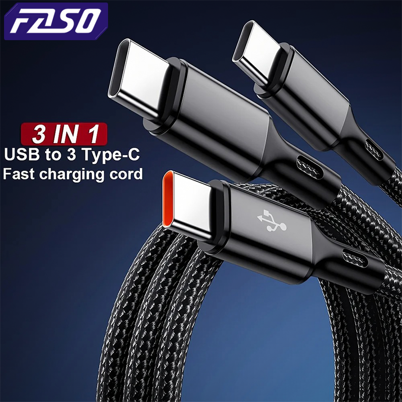 FASO 3 In 1 USB-A to 3 ×Type-C 100W 6A Fast Charging Data Cable For Samsung Galacy S24 Xiaomi Redmi Huawei USB C Data Transfer