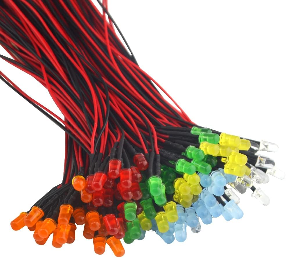 50/150 Stück 12 V 5 mm LED-Diodenleuchten 7,9 Zoll vorverdrahtet 5 Farben x 10/30 Stück sortiertes Kit Weiß Rot Grün Blau Gelb emittierend