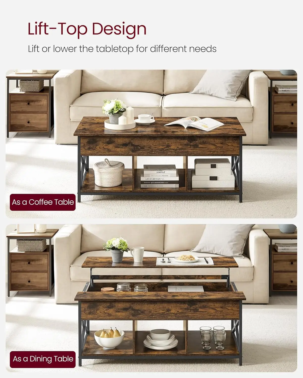 VASAGLE Coffee Table, Lift-Top Table Coffee Table for Living Room, Coffee Table with Open and Hidden Storage, X-Shaped Bars