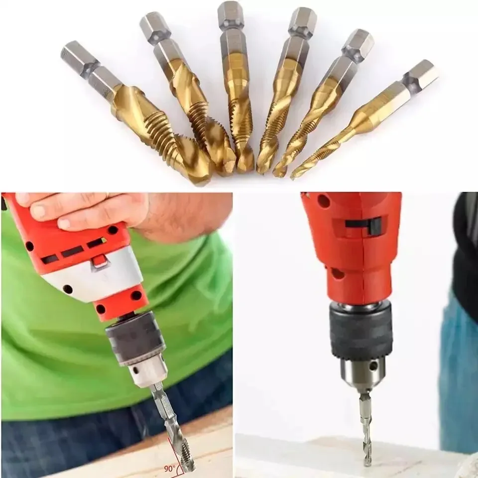 6 ชิ้น M3-M10 สกรู Tap เจาะ Bits Hss Taps Countersink Deburr ชุดเมตริกผสมเหล็กความเร็วสูง 1/4 ใน Quick Change Hex