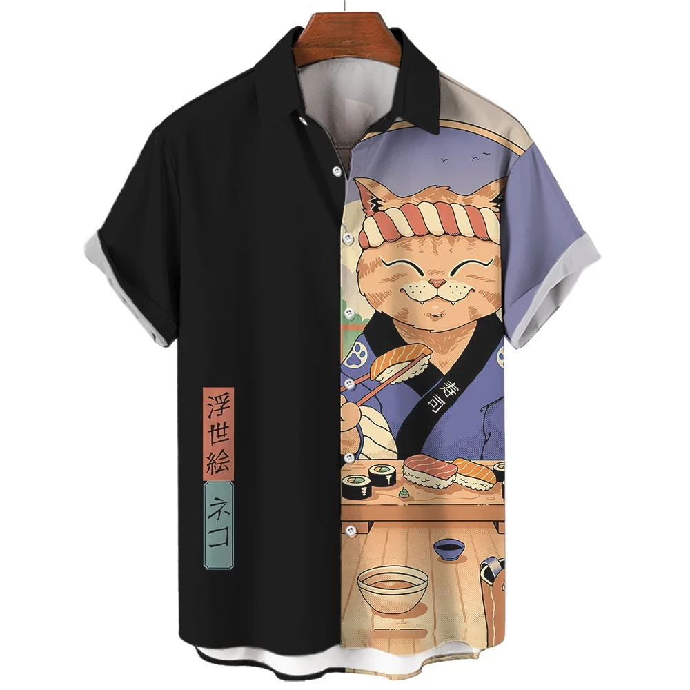 Mode Herrenbekleidung Coole Samurai Katze Tops Sommer Neue Herrenbekleidung Lässige Kurzarm Anime Lose Bluse Hawaiihemden