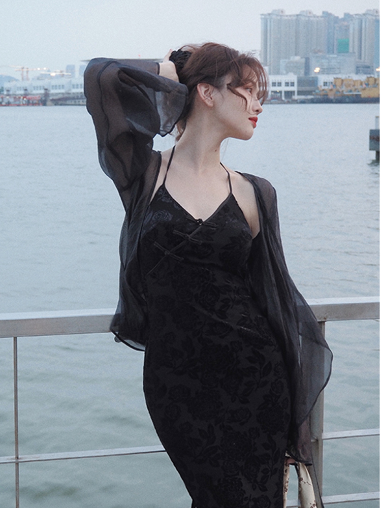 Cardigã de proteção solar leve f boêmio de verão sem mangas com decote em V manga crida com vestido de alça