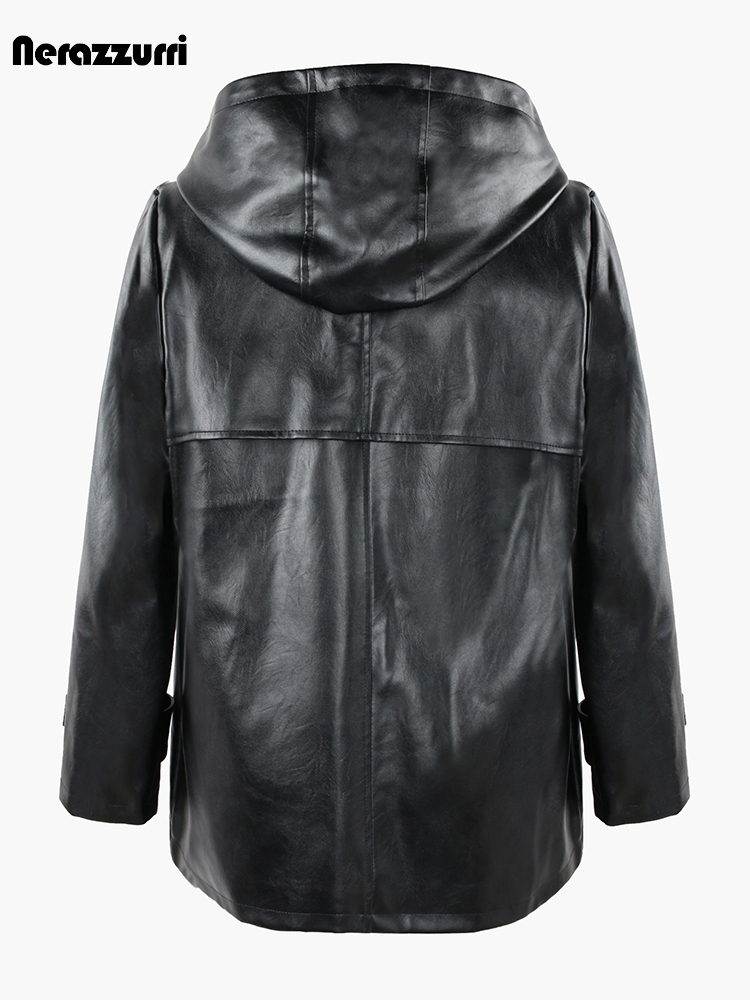 Nerazzurriฤดูใบไม้ผลิฤดูใบไม้ร่วงสีดํากันน้ําน้ําหนักเบาPuหนังแจ็คเก็ตผู้หญิงHoodซิปหลวมสบายๆเสื้อผ้า 2023