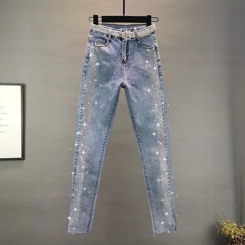 ฤดูใบไม้ผลิฤดูใบไม้ร่วงStreetwearผู้หญิงกางเกงดินสอ 5XL Vintage Blue Slimเพชรเอวสูงข้อเท้าความยาวกางเกงยีนส์สบายๆDenimกางเกง