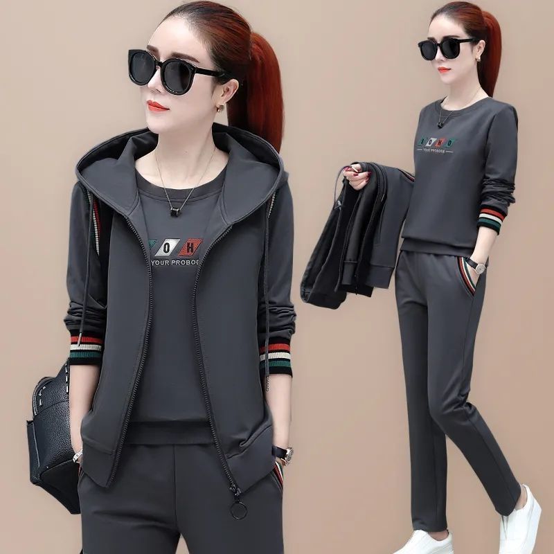 Traje de moda para mujer, nueva versión coreana, Top de manga larga para primavera y otoño, ropa deportiva informal, tres trajes elegantes para mujer 2024