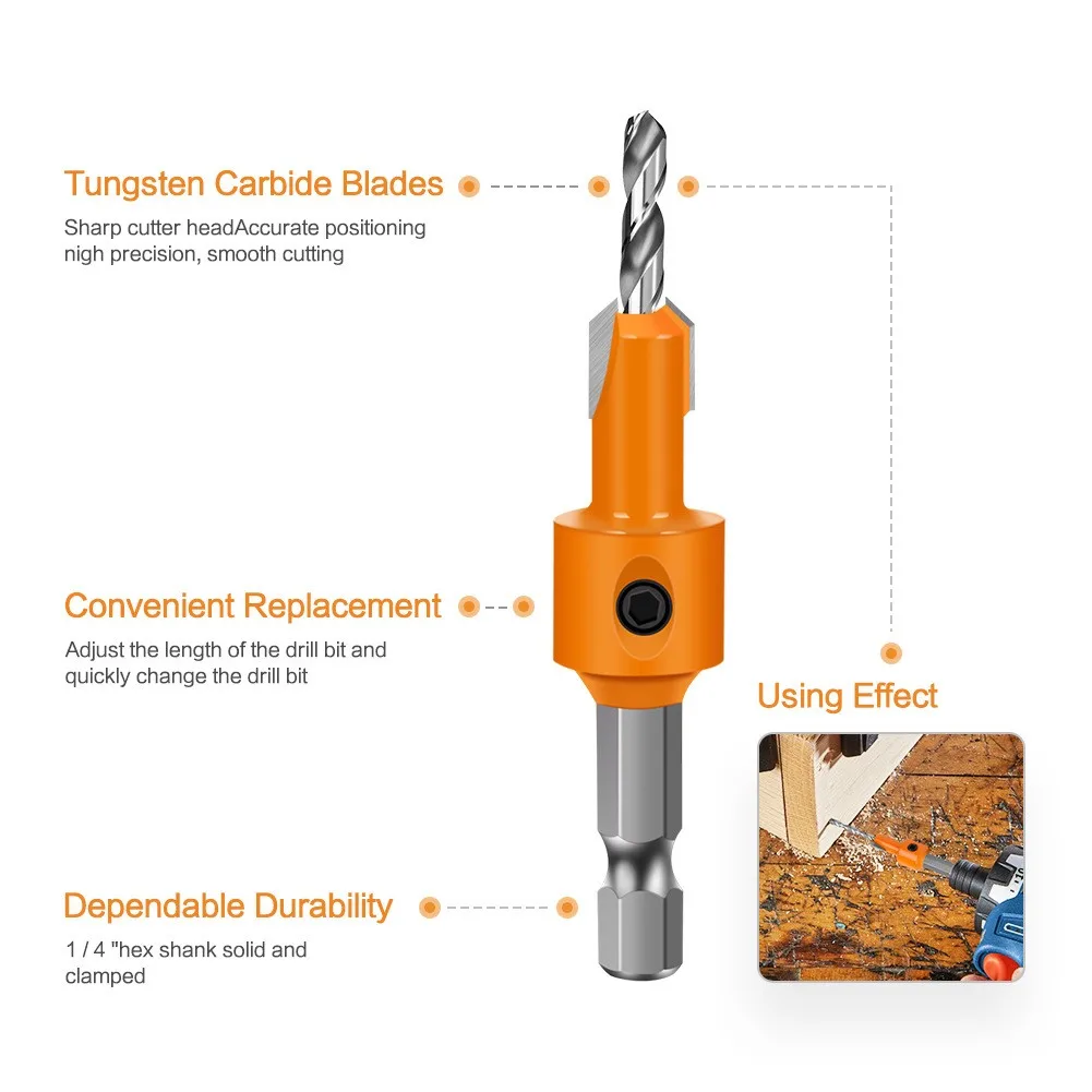 Taladro de cabeza avellanada para carpintería con vástago Hexagonal, taladro de cabeza avellanada de perforación de doble filo con orificio de tornillo oculto