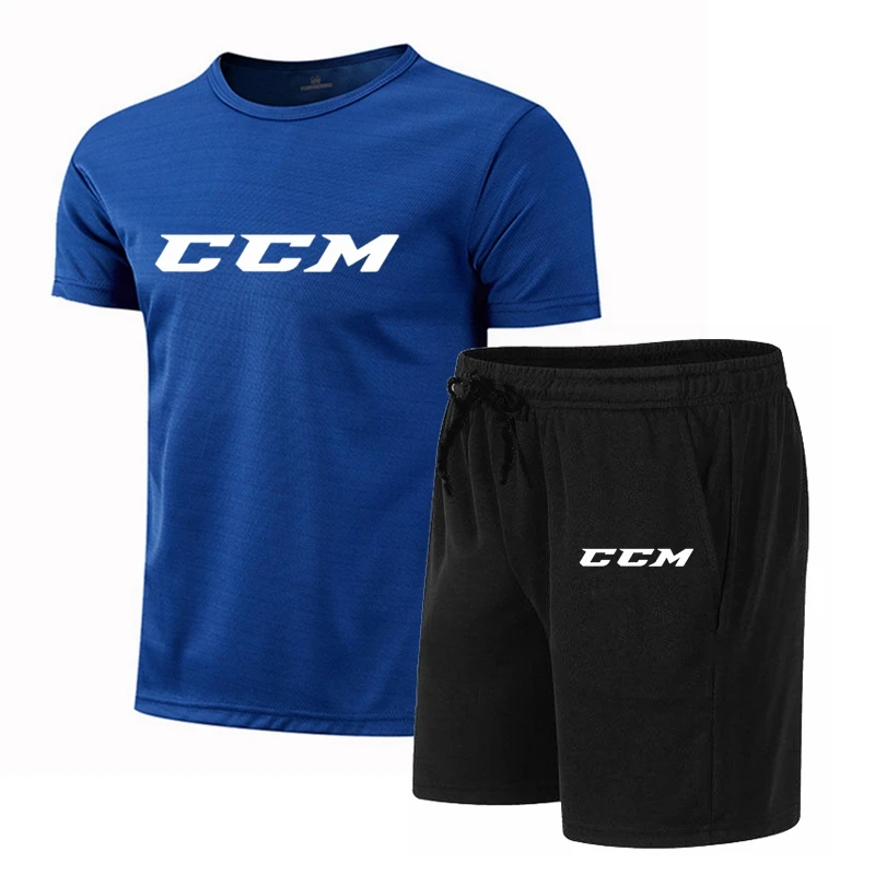 ฤดูร้อนผู้ชายฟิตเนสแฟชั่นผู้ชายสบายๆชุดกีฬาแห้งเร็วชุดกีฬา CCM แขนสั้นเสื้อยืด + กางเกงขาสั้น 2 ชิ้นชุด
