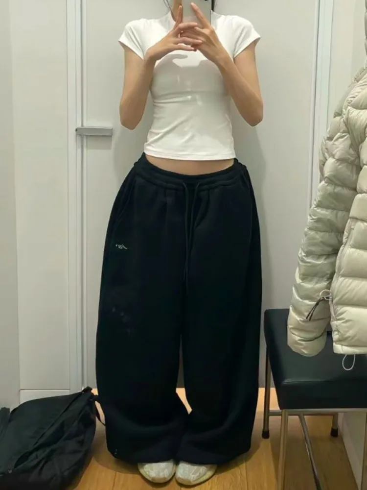 Y2K-pantalones de chándal grises para mujer, ropa de calle coreana holgada de gran tamaño, pantalones deportivos que combinan con todo, pantalones de pierna ancha informales con cordón de cintura alta