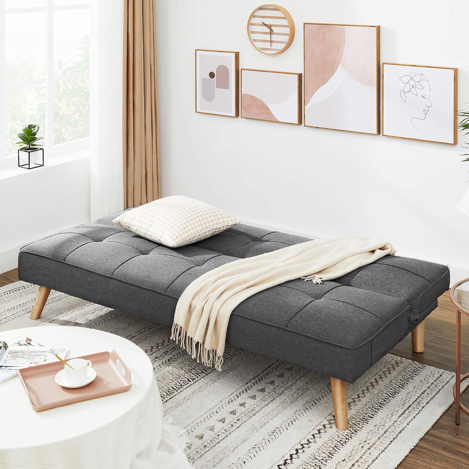 Sofá cama futón, sofá cama convertible, tapizado de lino y algodón y patas de madera, gris