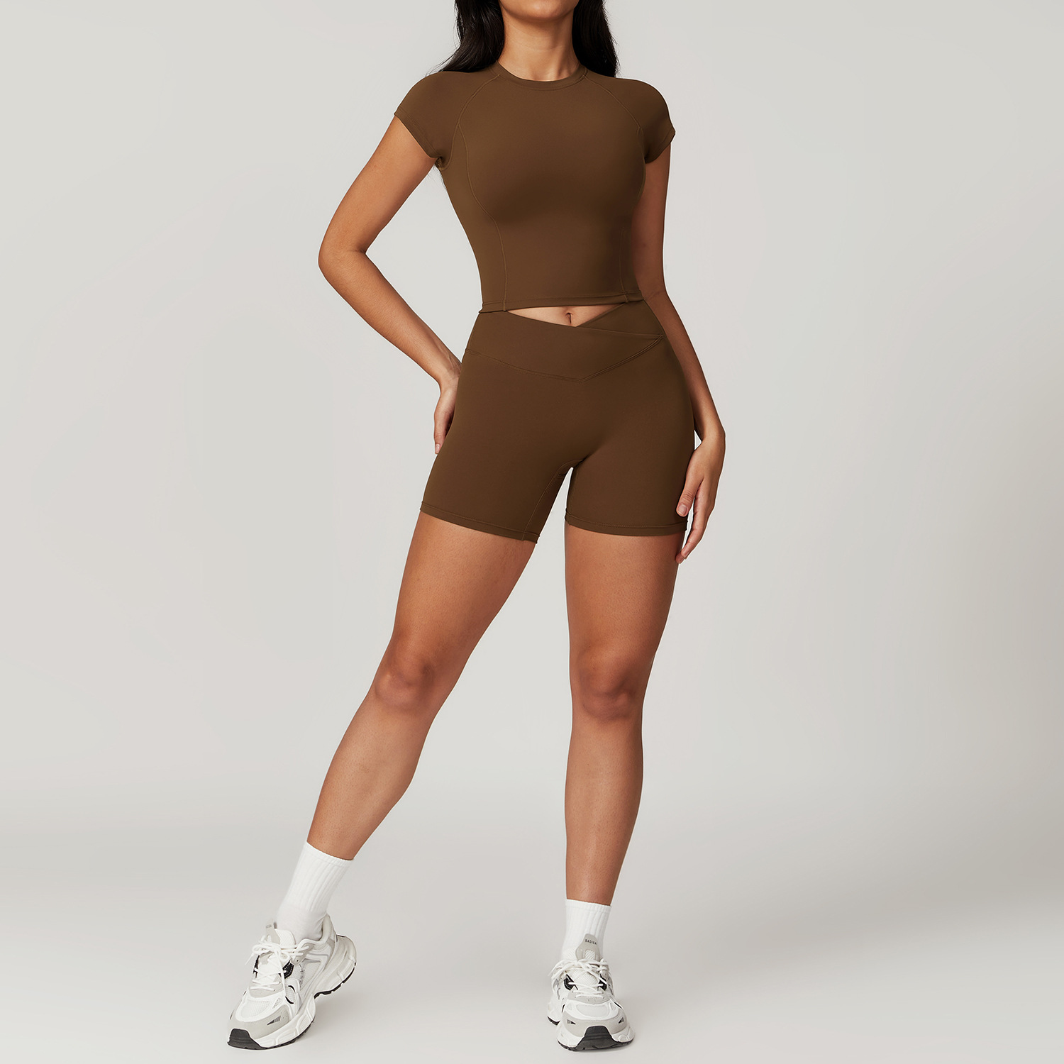 Ropa deportiva para mujer, conjunto de Yoga, 2 uds., traje deportivo, ropa de entrenamiento para gimnasio, Top corto de manga corta para gimnasio, mallas de cintura alta, ropa deportiva para Fitness