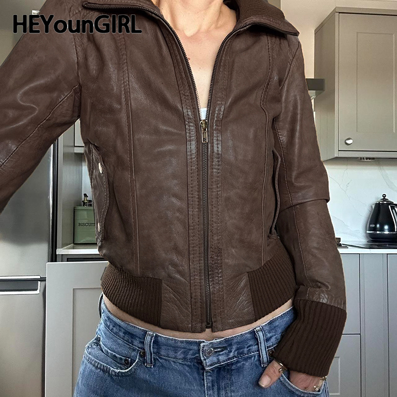 Heyoung girl Kunstleder Frauen braune Jacke Vintage Mode Herbst Streetwear Reiß verschluss Mantel lässig y2k Motorrad Stil Outwear