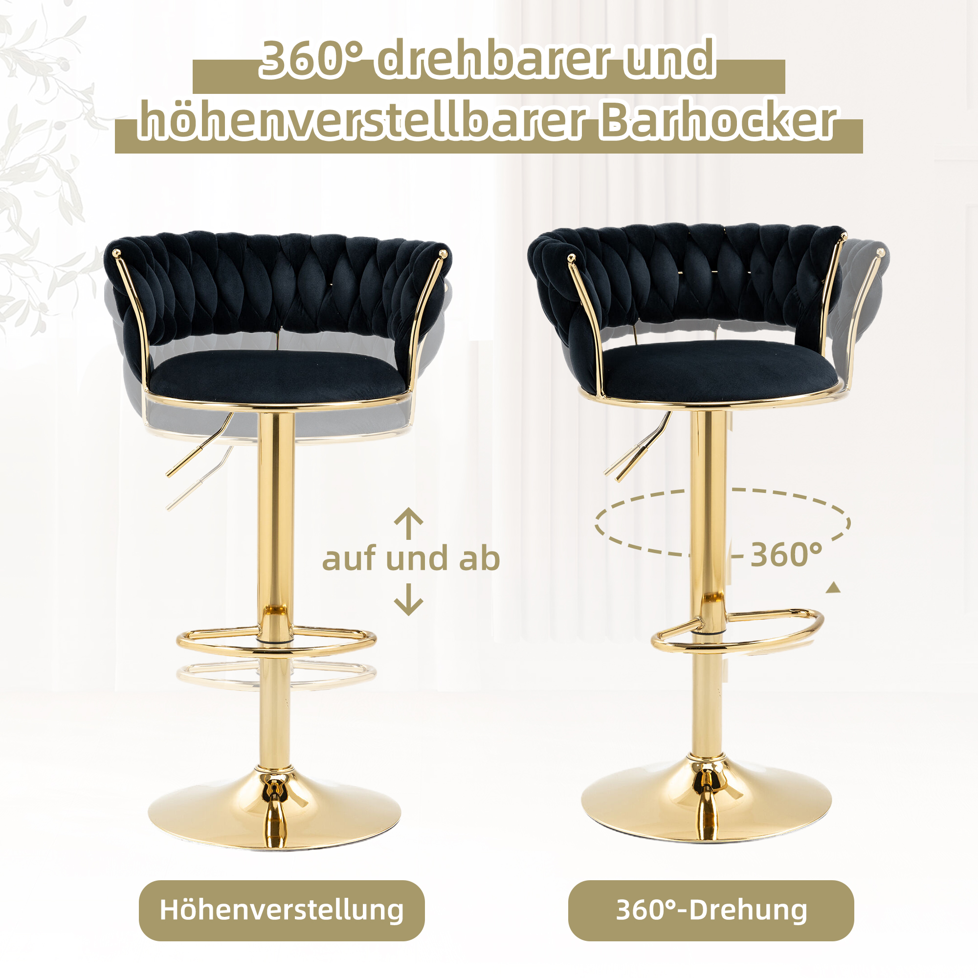 Lazyspace Barhocker, 360° °   Drehbarer, höhenverstellbarer Barhocker, weich gepolsterter Esszimmerstuhl aus Samtstoff, vielseitig einsetzbar
