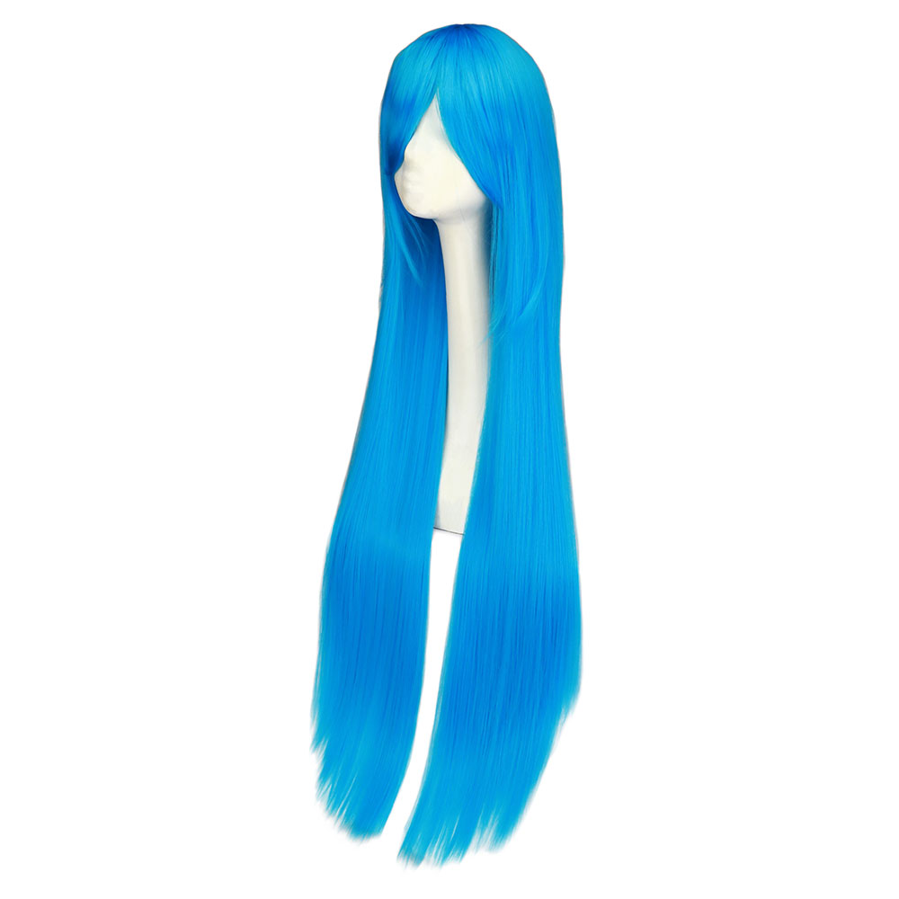 QQXCAIW Cosplay100cm Longo Azul Perucas de Cabelo Sintético Halloween Anime Traje Reta Peruca Resistente ao Calor