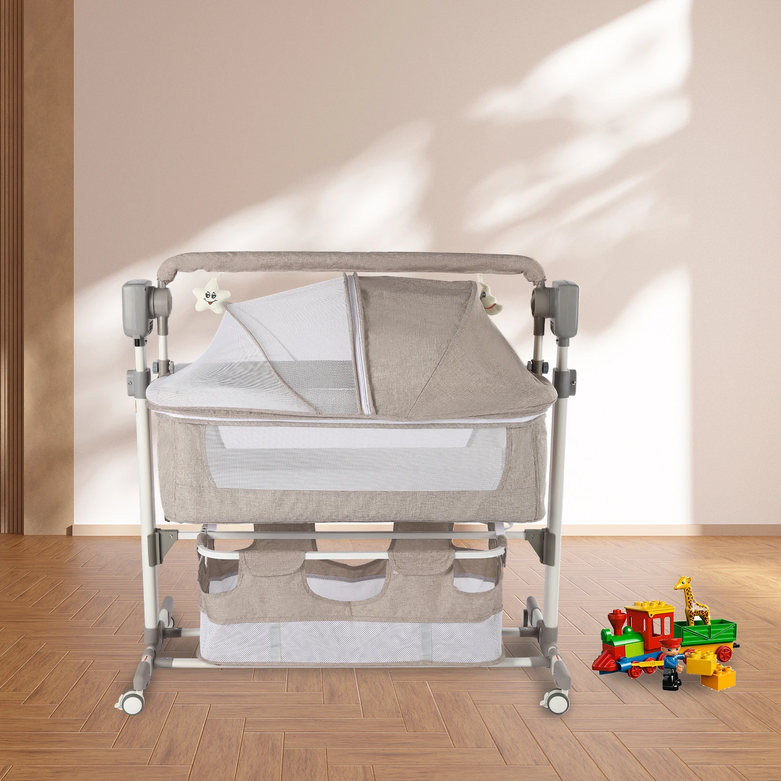 Portable Baby Bed Height Adjustable Bedside Sleeper Music Play Automatic Cradle with Timing Function & 5-Speed