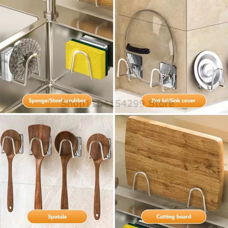 Estante de fregadero de acero inoxidable para cocina, soportes de esponjas, estante de secado de drenaje adhesivo, ganchos de pared, organizador de almacenamiento de accesorios