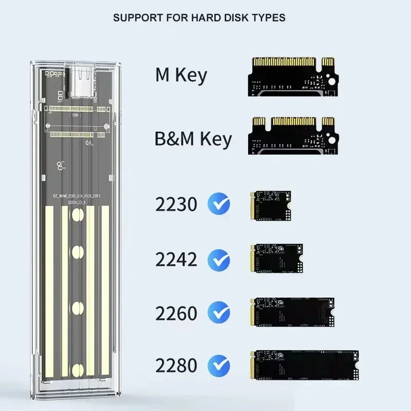M.2 NVME PCIe Case NGFF SATA Protocol SSD Case Clear USB Type C 10Gbps PCI-E M2 SSD Transparent External Enclosure Hard Disk Box
