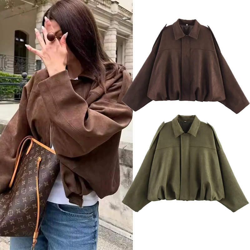 TFMLN otoño mujer moda cazadora Casual suave linterna manga larga abrigo de gran tamaño mujer cremallera corta prendas de vestir ﻿