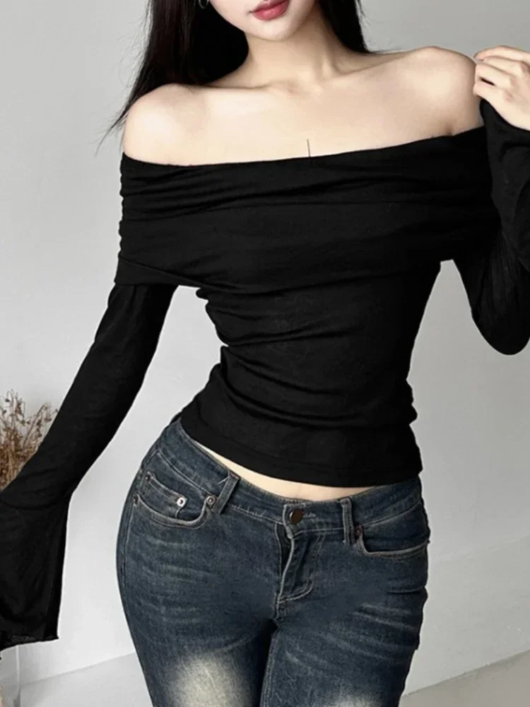 女性用長袖Tシャツ,カジュアルスタイル,ヴィンテージ,裸の肩,セクシー,半透明