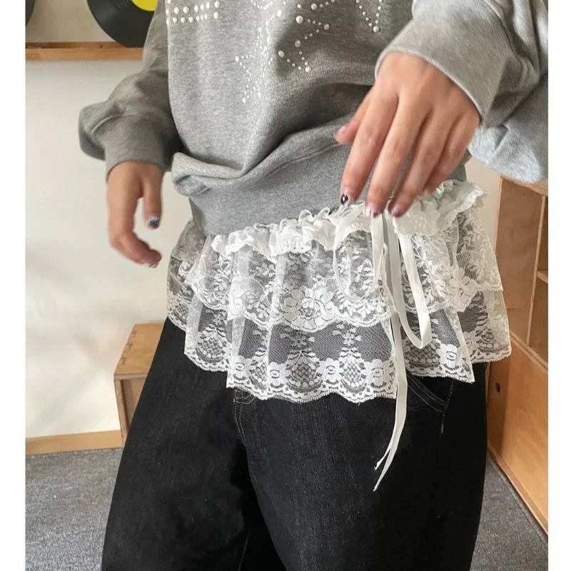 여성 Y2K 한국어 레이스 미니 레이어드 스커트 streetwear 레이스 업 프릴 하라주쿠 하이 웨이스트 플리츠 여성용 jupe 스커트 의류