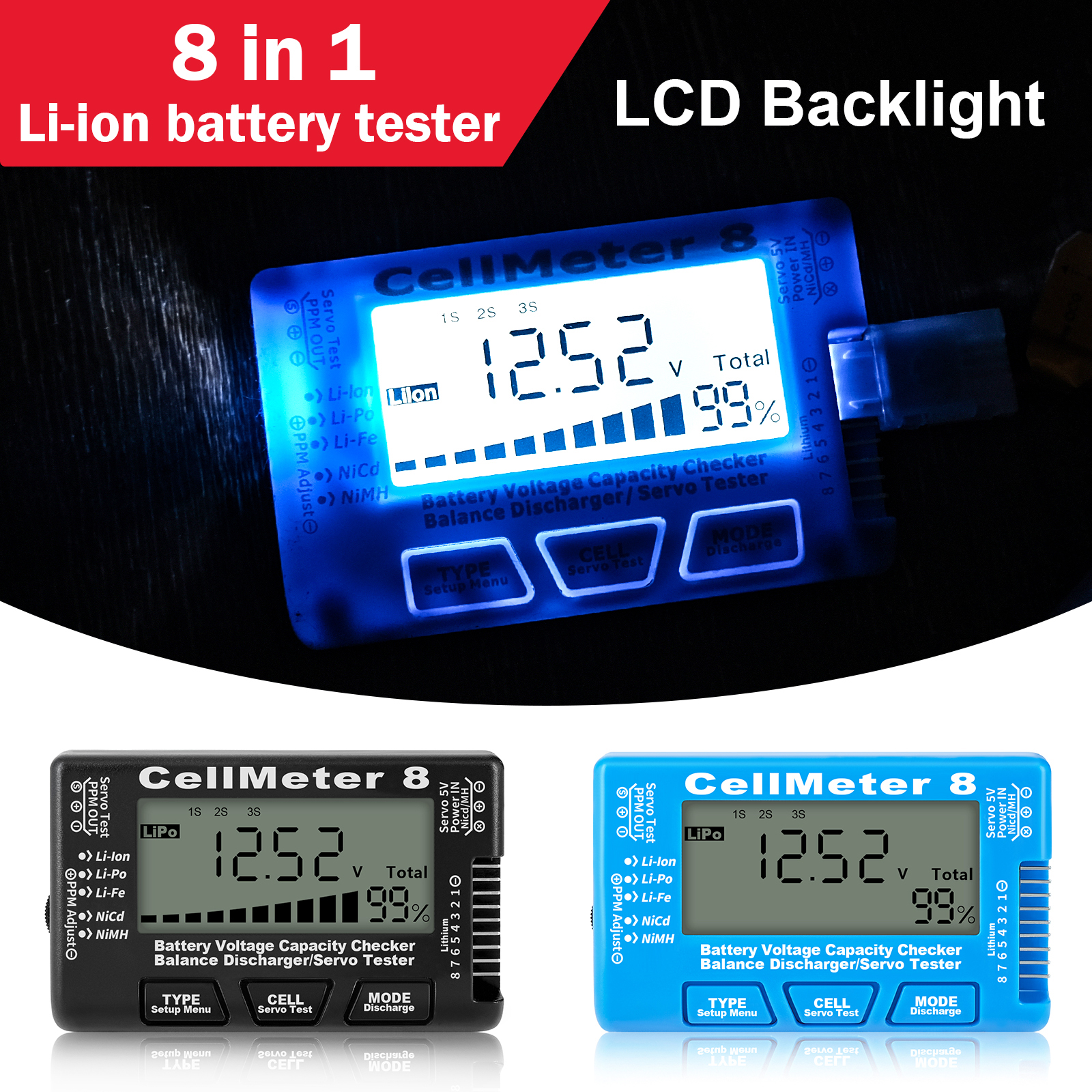 LCD แบตเตอรี่ดิจิตอลเครื่องตรวจสอบความจุ CellMeter RC CellMeter8 2-8S 4-8S Servo LiPo Li-lon NiMH เครื่องทดสอบแบตเตอรี่ RC CellMeter7