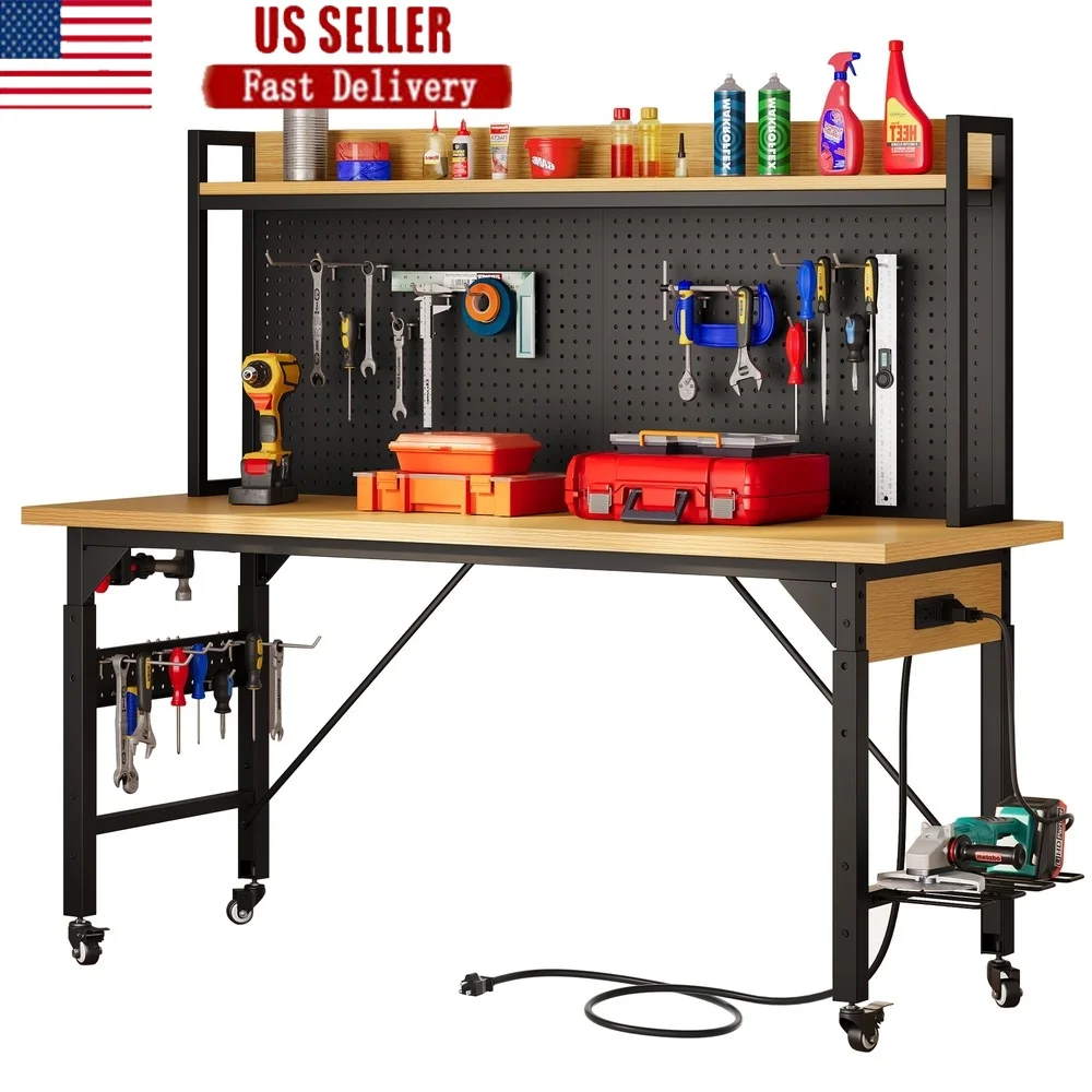 Multifunctional Heavy-Duty Workbench with Wheels Pegboard Power Outlets Adjustable Height 2000lbs Capacity Garage Workshop Tool