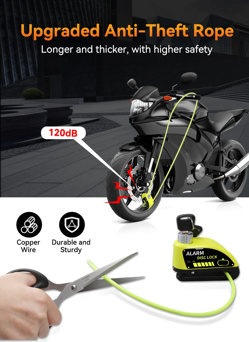 Extractme Motorcycle Alarm Disc Brake Lock 120dB Bicycle Wheel Disk Padlock Security Anti-Theft Lock Scooter Alarma Motocicleta