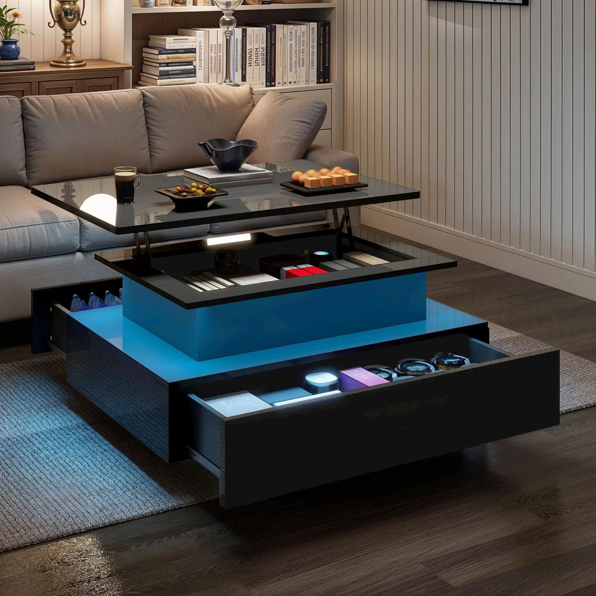 YITAHOME Lift-Top-Couchtisch – rechteckiges, modernes Design mit 16-farbiger LED-Beleuchtung und 2 Schubladen, erhöhte beleuchtete Oberfläche