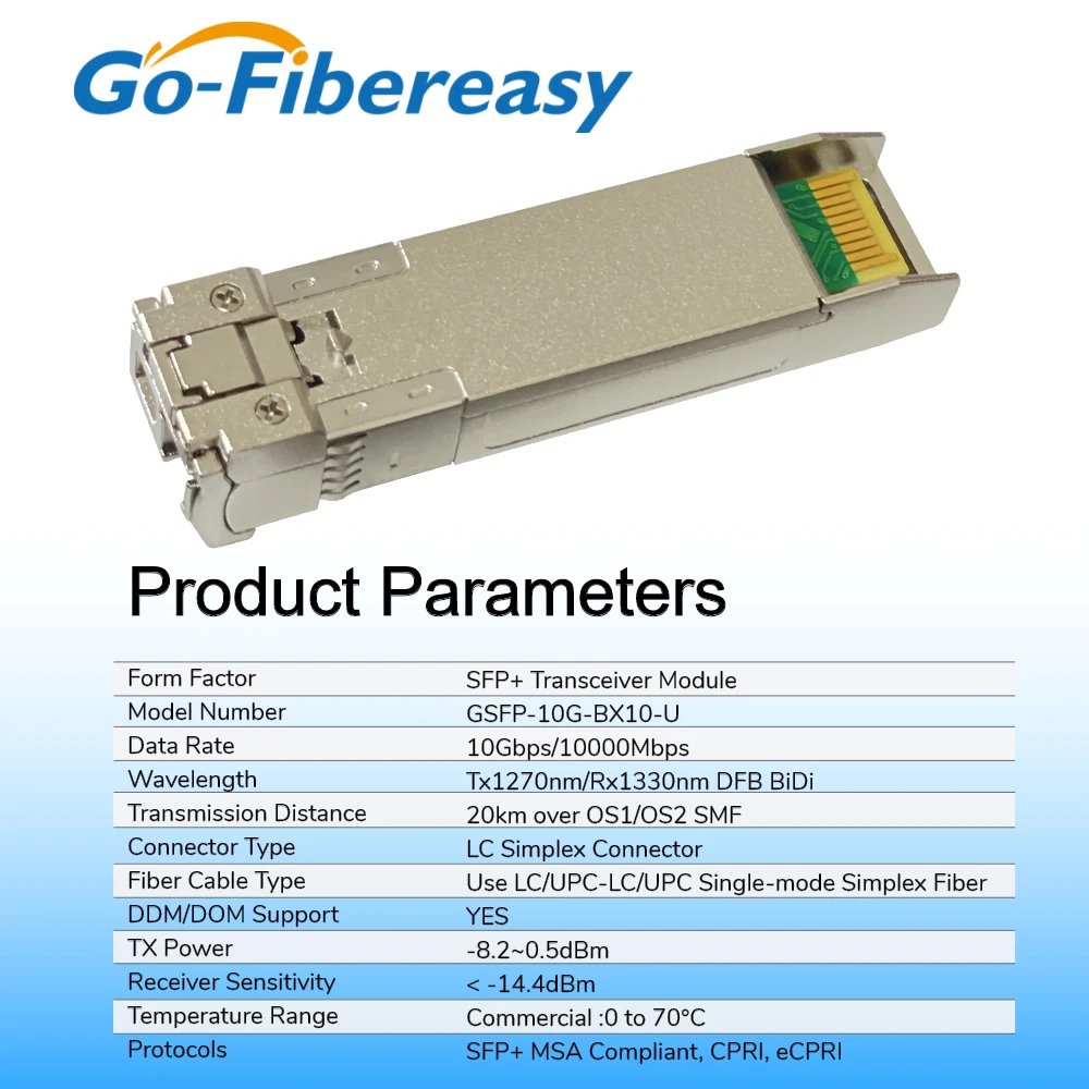 Módulo SFP 10Gb BiDi LC WDM 10km/20km/40km ~ 100km Tx1270/Rx1330nm Transceptor SFP+ Compatible con interruptor óptico Cisco/Miktotik