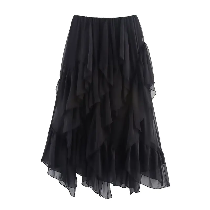 Falda Midi de Verano 2025, Nueva Colección, Diseño Decorativo en Capas, Informal, Asimétrica, de Poliéster, Hoada