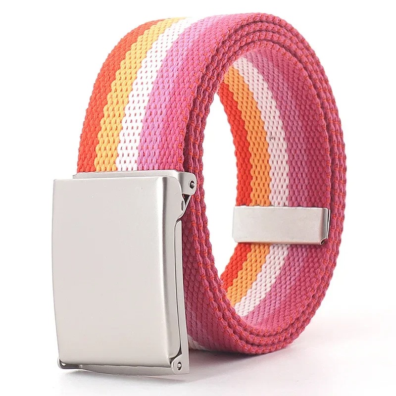 Cinturón de lona con rayas arcoíris, cinturón ajustable para pantalones vaqueros, cinturón para viajes al aire libre, cinturón con hebilla de Metal para mujer, multicolor