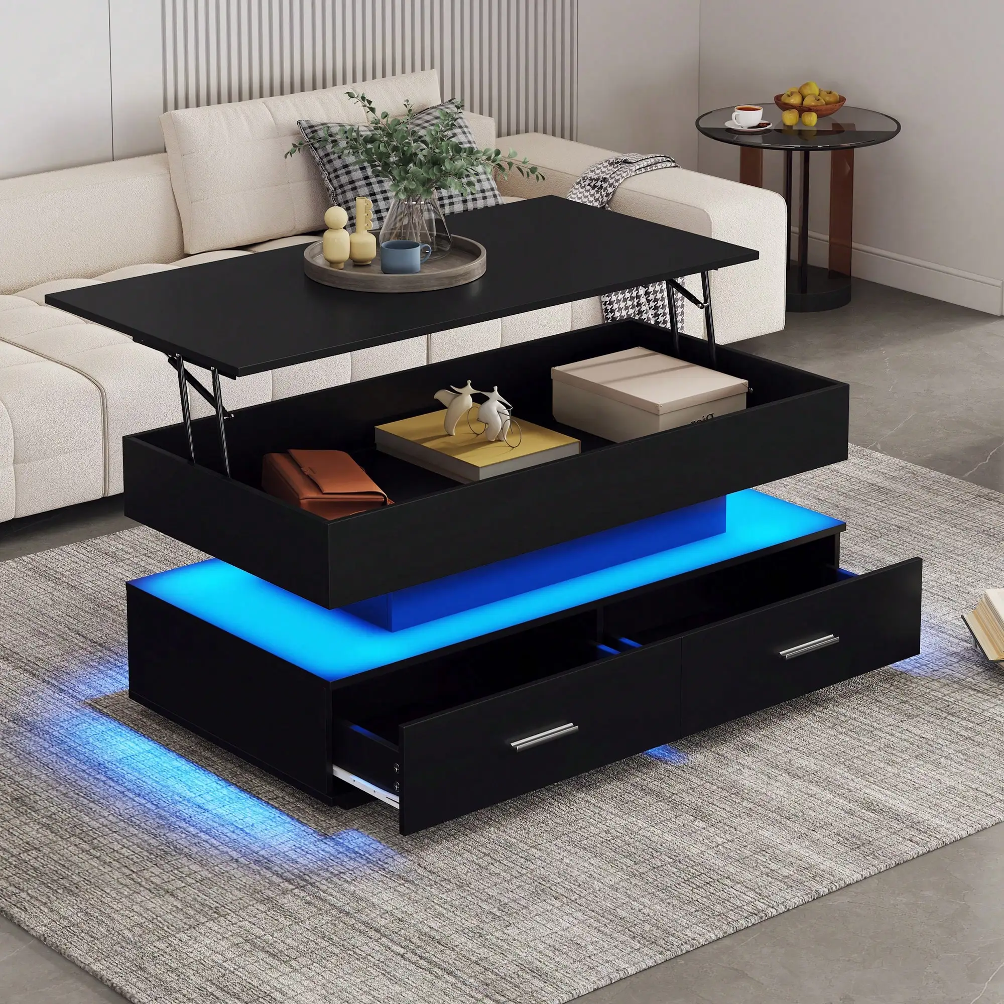 Mesa de centro elevatória KOMMTOM, mesa de centro LED preta, mesa lateral da sala com 2 gavetas e armazenamento aberto, 100 x 50 x 44 cm