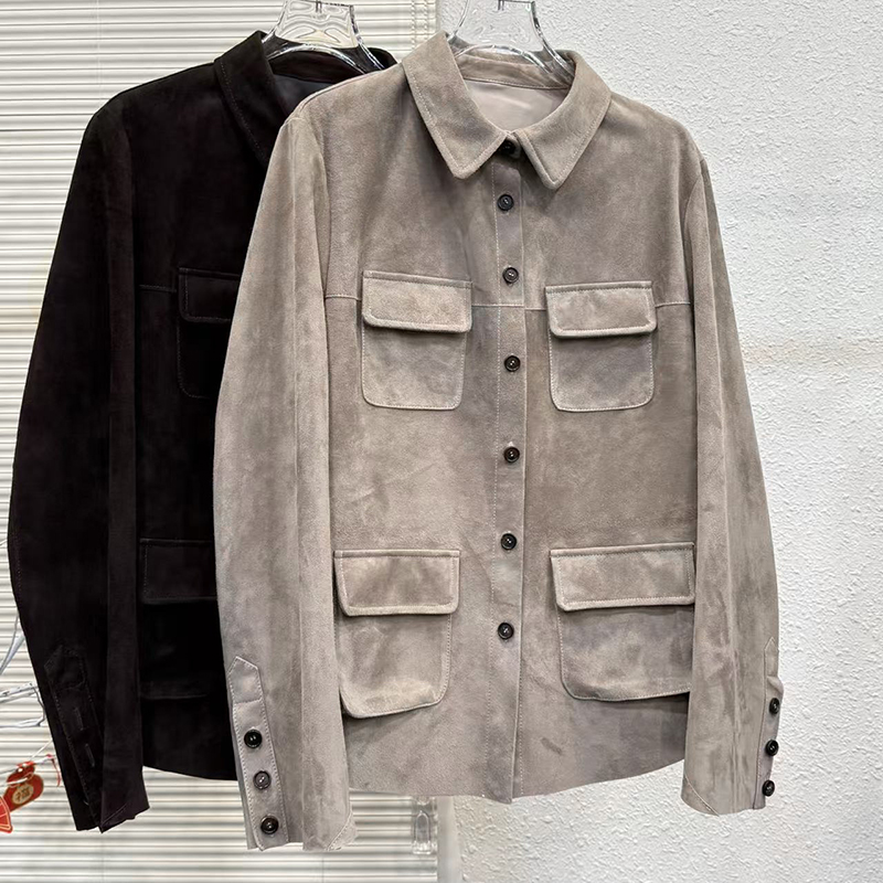2025 casaco de camurça genuína primavera outono moda retro bolso único breasted cinza/café pele carneiro manga longa camisa jaqueta feminina