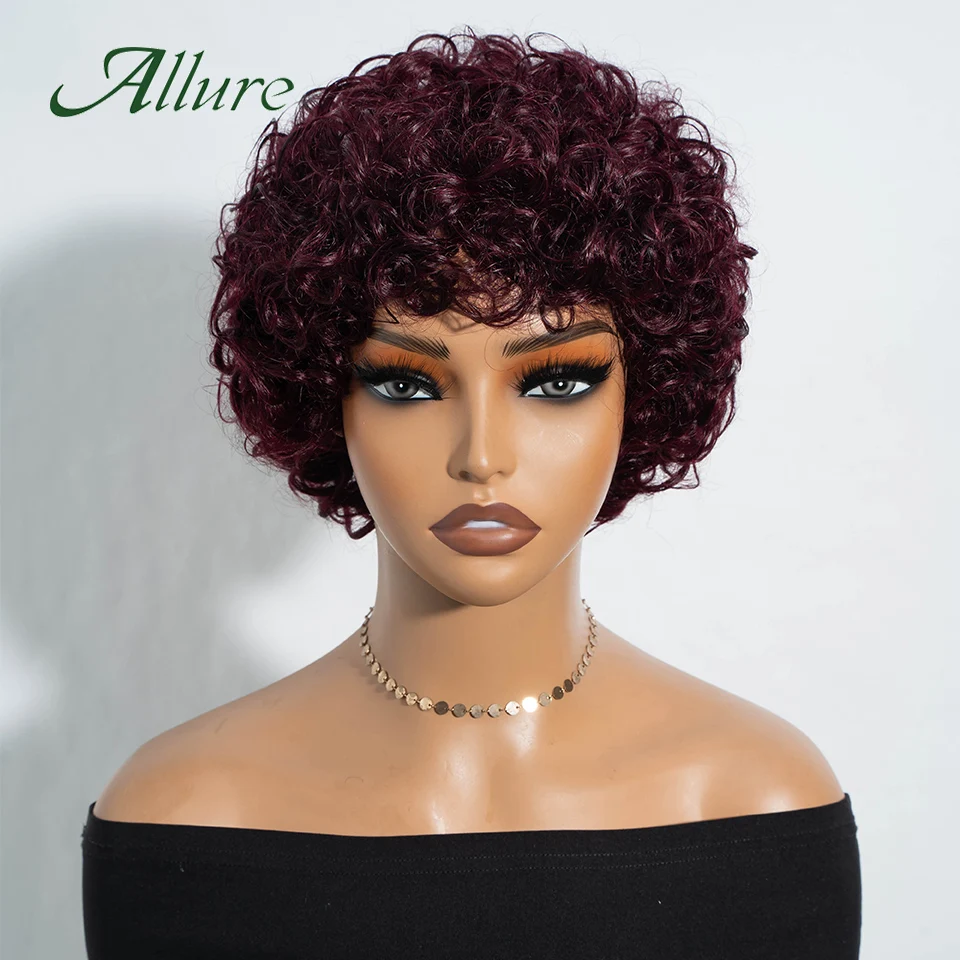 Jerry Curlyวิกผมผมมนุษย์ผู้หญิงสีดํา 10 นิ้วสั้นPixie Afro Kinky CurlyวิกผมกับBangsสีน้ําตาลสีผมWigs Allure