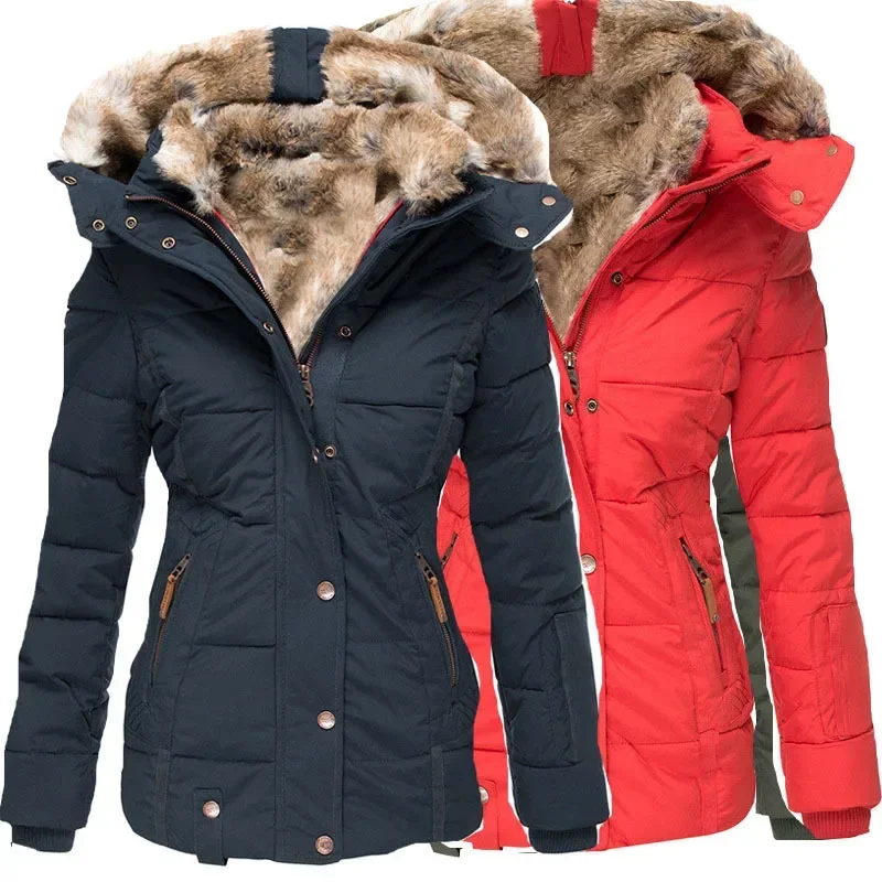 ฤดูหนาว WARM Wool COLLAR Cotton Coat สตรีซิปแขนยาว SLIM FIT Hooded Cotton Coat