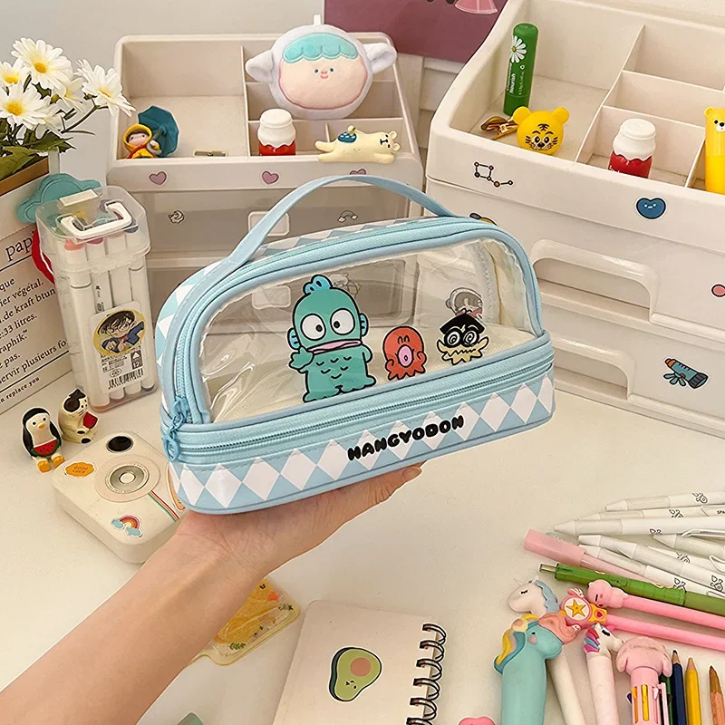 Kawaii cartoon Hellokity Kuromi large capacity transparent double-layer pencil case cartoon cute cinnamon stationery pencil case