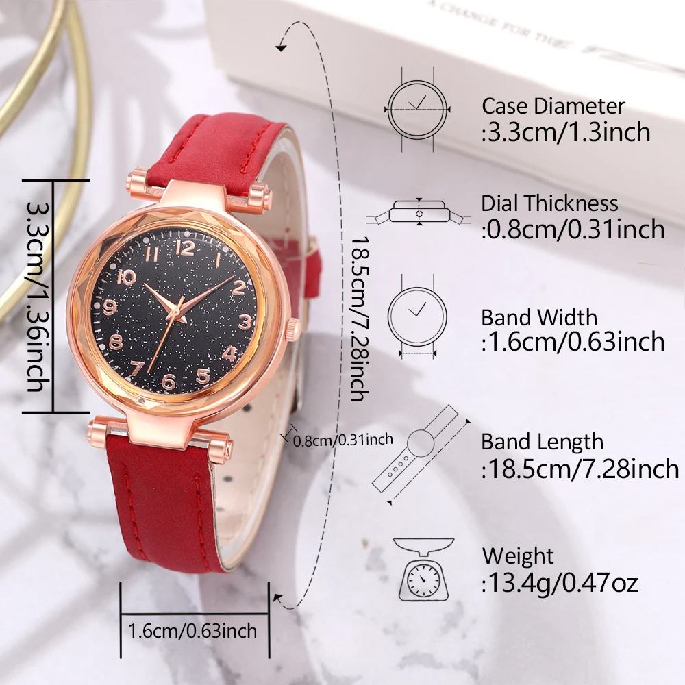 6 pçs/set relógio feminino vermelho com elementos minimalistas dial relógio de quartzo pulseira de látex elementos cereja conjunto de jóias presente da menina