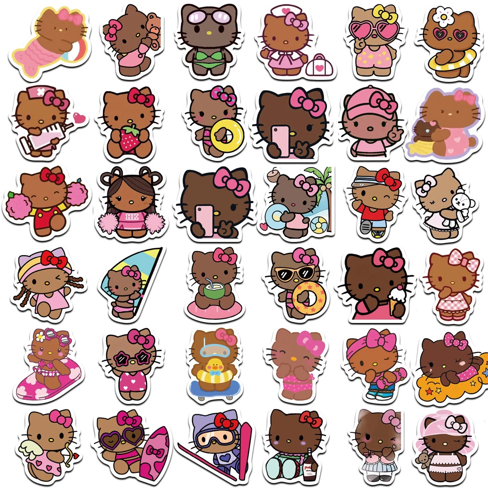 66PCS การ์ตูนน่ารักสีดําผิว Hello Kitty สติกเกอร์น่ารัก Graffiti ตกแต่งกระเป๋าเดินทางโน้ตบุ๊คกันน้ํารูปลอกของเล่นเด็ก