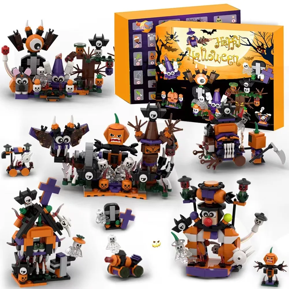 Kotak Blok Bangunan Kalender Hitung Mundur Halloween Set Mini Bricks 31 Hari Model Seram Blok untuk Usia 6+ Hadiah Mainan Halloween